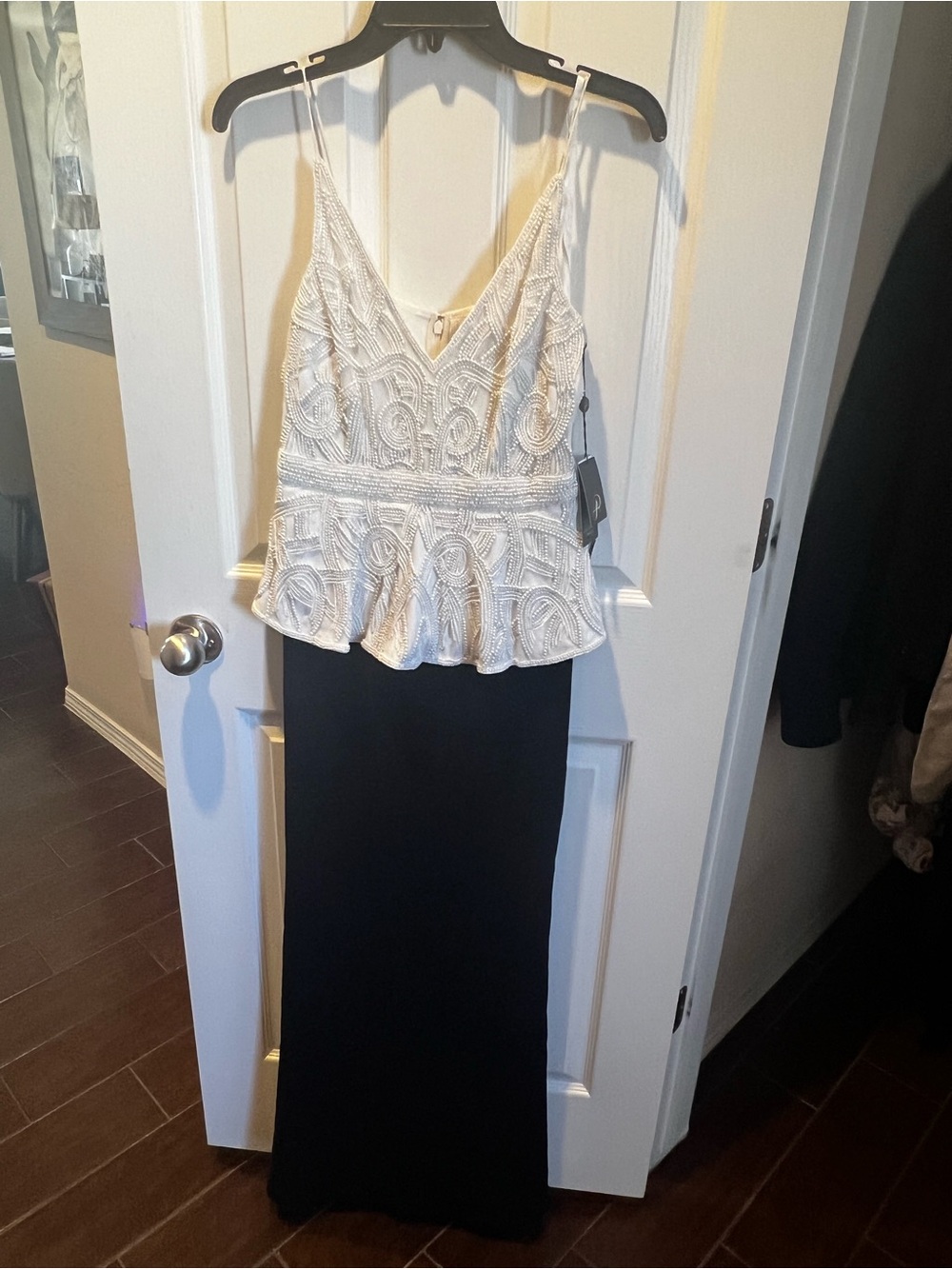 Adrianna Papell White Beaded Peplum Top with Black Maxi Skirt
